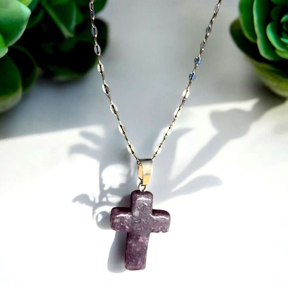Amethyst Cross Pendant on Stainless Steel Chain - Picture 5 of 6
